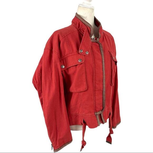 Free People Flight Line Oversized Military Red Bomber Jacket Size XS Embroidered - Picture 10 of 16